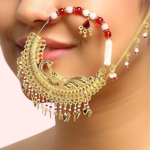 Regal Gold-Plated Bridal Nath with Elegant Chain - Image 2