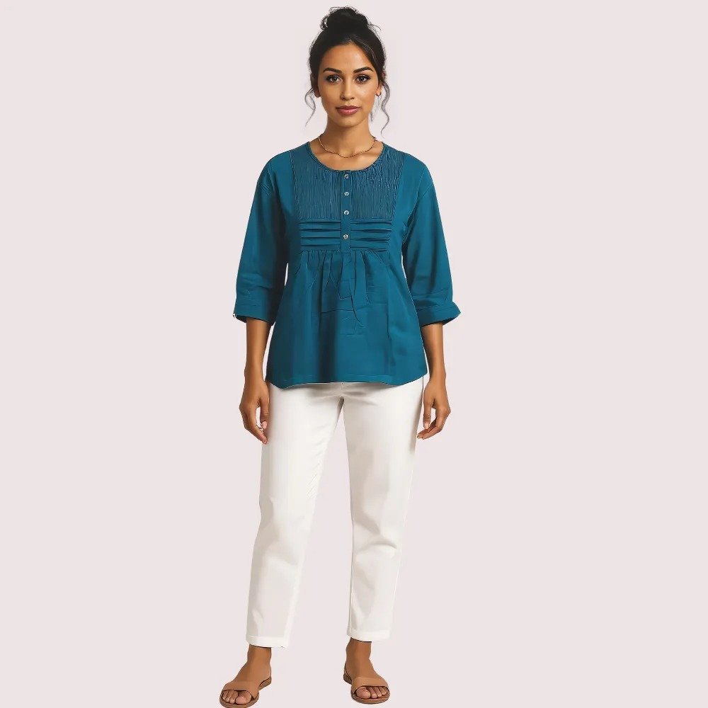 3sWSL30vE87Iijz5z3d8Olk7zHxwYKYJG2skOgtY.jpg Teal Pintuck Detail Cotton Tunic Top - Image 1