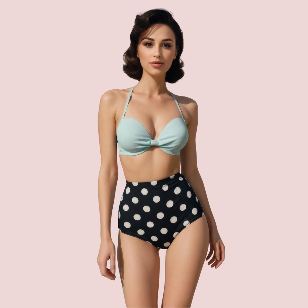A511fbimx2yYdABUrD5BdA2XeWbDRNFtwrxTNyym.png Retro Halter Neck & Bow-Front Sweetheart Bikini Topa in Mint (Top Only) - Image 1