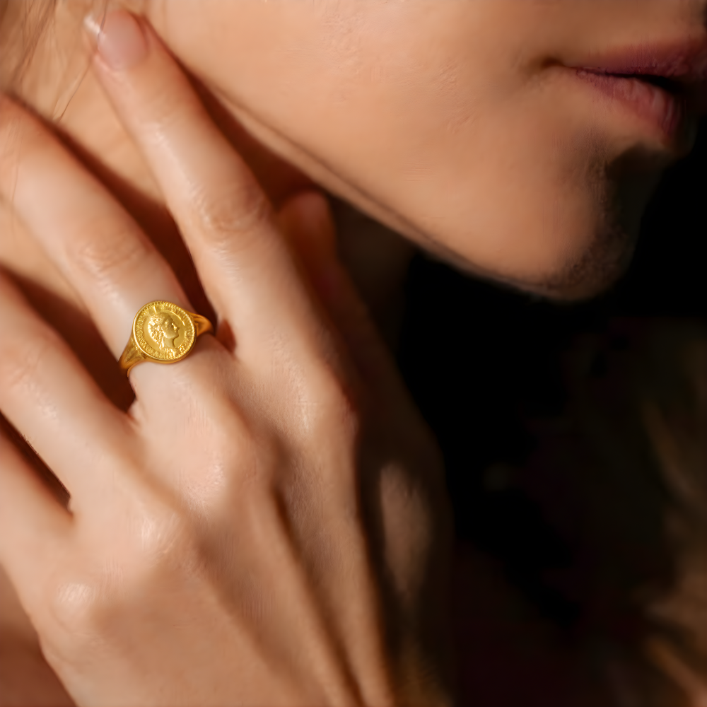 AZu8ac1ZXQgKfwgR7aa22guXRXWaaLMeNqiL8jGm.png Classic Coin Design Gold Finish Statement Ring for Women - Image 1