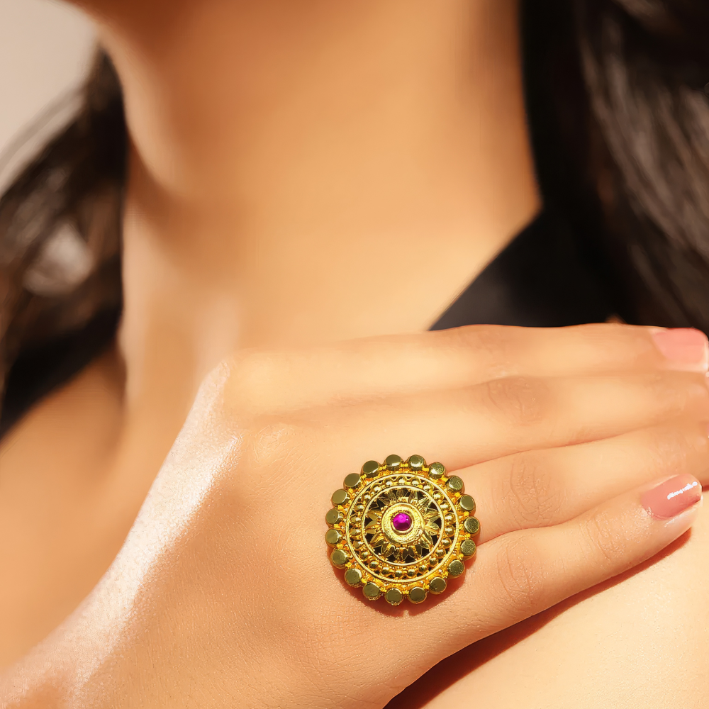 AhJZsUW43JFnEyjVGQn6AvWqQ796FaDufOlcx1qM.png Traditional Gold-Plated Statement Ring with Red Stone - Image 1