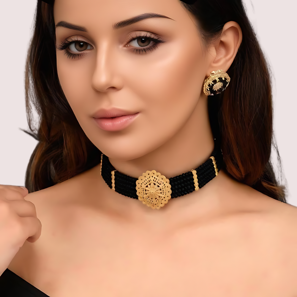 BM1uKfuJXNvRJJr91Q5UJsEsyWrJYm7T8tZ04Alc.png Majestic Noir Hexa Pendant Necklace with Black Crystal Beads - Image 1