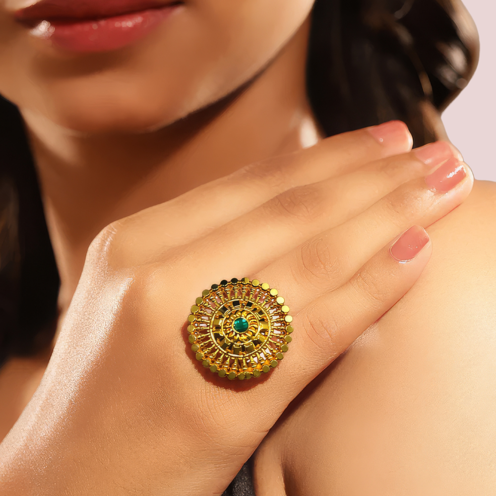 QImG2ZJkNuQwfYl8agaGzTrW3t3dD0lVvJqU2MNT.png Traditional Gold-Plated Circular Statement Ring with Green Stone - Image 1