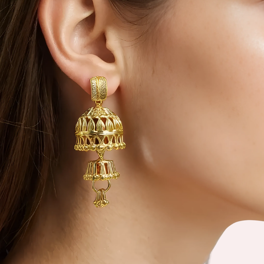Trd3QowOrV7GcmrOxZuFO0DiIIYnmAM6uIl7m9fg.png Royal Dome Dual Jhumka Earrings - Image 1