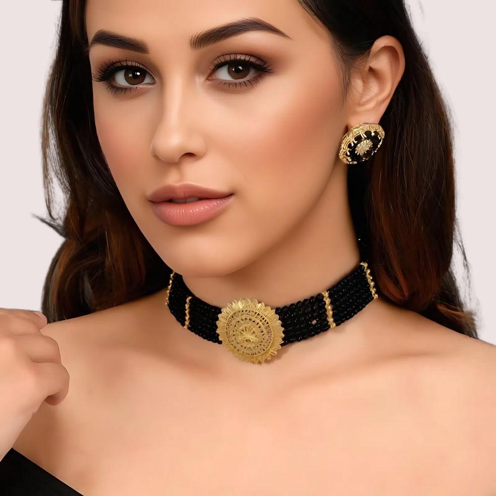 VWlEHVdLEfPcarfaJjPmomNaQm49OKt2tCJ3fQLx.png Midnight Majesty Black Beaded Necklace with Ornate Gold Floral Medallion - Image 1
