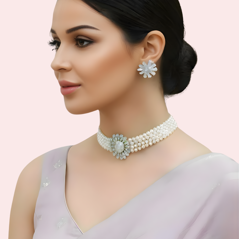 eGHe1S7AOEYfAwwaQmqz3Gbn7HHcOxoHb5eQ6jYB.png Classic White Pearl Choker Necklace & Floral Earrings Set - Image 1