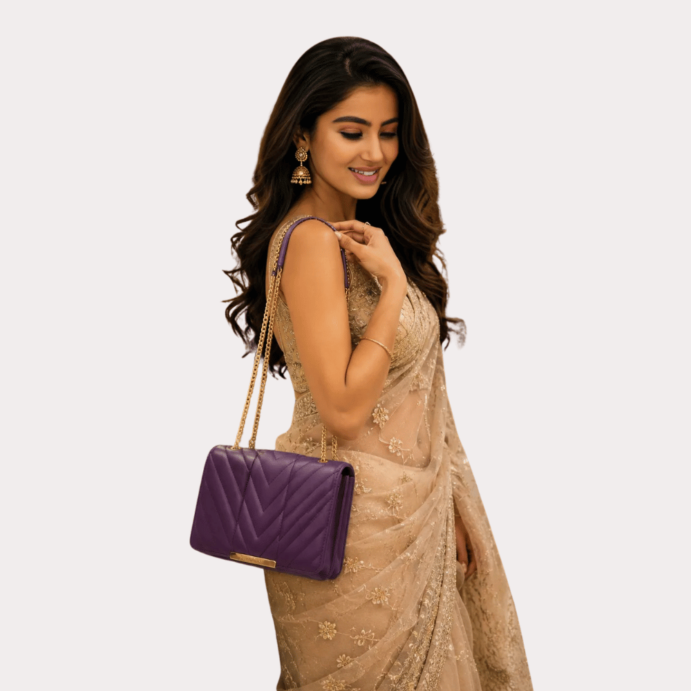fxVlZrjg0zkLyhKhWNyAORu9mwX9LAv4fABmWtq5.png Royal Orchid Quilted Chain Sling Bag - Image 1