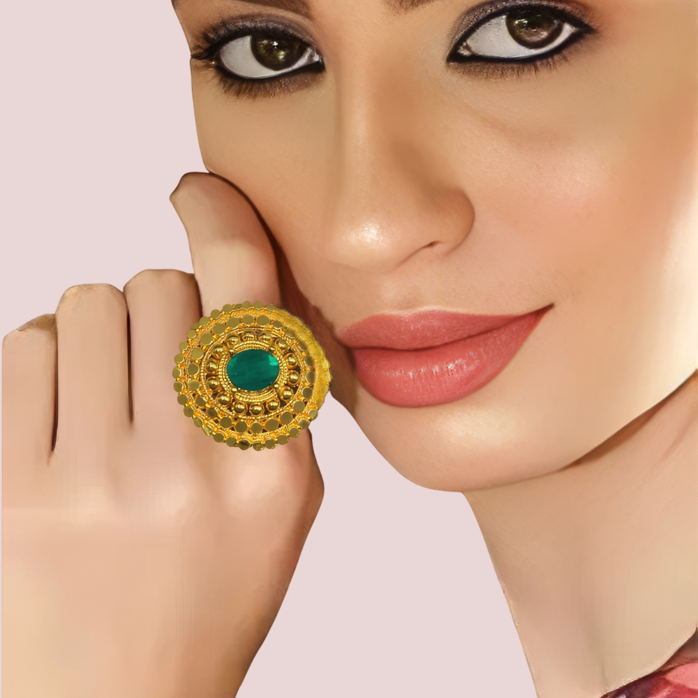 iFvdDDTCnH0YTOJlsEwTgJjQ6aCZCT6HcrztxLHX.png Royal Gold-Plated Statement Ring with Green Stone - Image 1