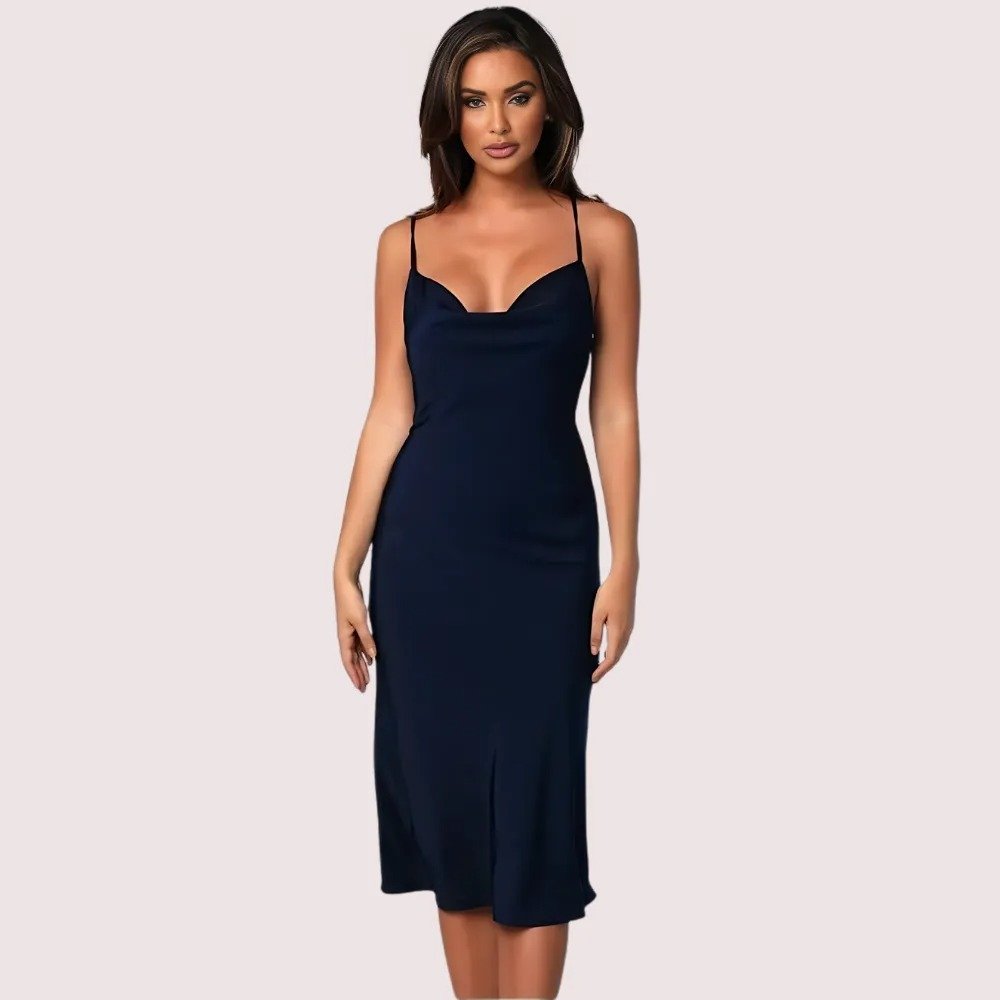 l2MMBist0O3JGm5UoRBH1IMbHnmlYxdeXWeUqDdk.jpg Navy Satin Cowl Neck Midi Dress - Image 1