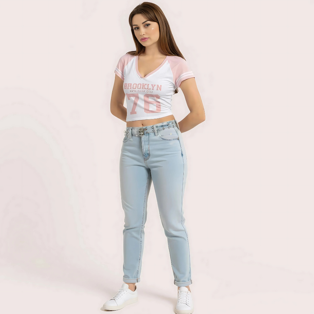 stoSiYS86v7AA8xt4IkUTNVxIZtN2XpXsBk9en0x.png Women's Pink "Brooklyn 76" V-Neck Crop Top – Sporty Graphic Tee - Image 1