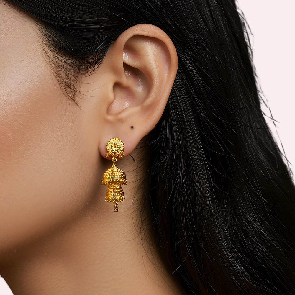 wSezDiV4CzRoE7wA788sa0GjZSna0L8BEBipUeXu.png Golden Temple Bell Jhumka Earrings - Image 1