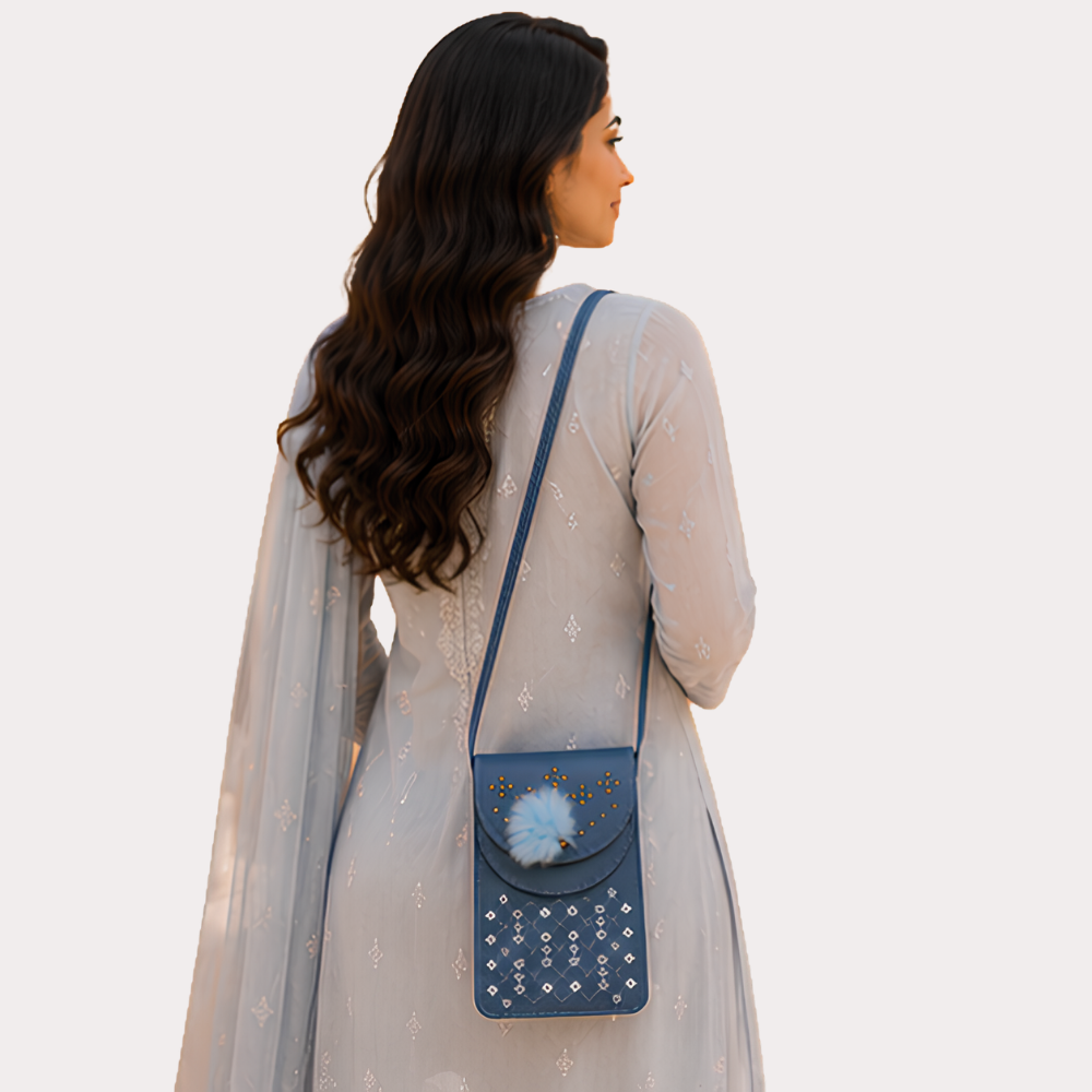 Azure Glow Embellished Mobile Sling Bag