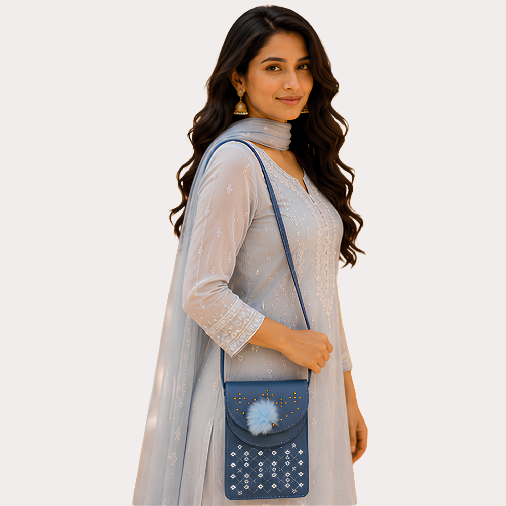 Azure Glow Embellished Mobile Sling Bag