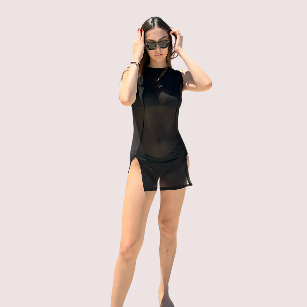 b72GkgXywxjZadHoS1JCSmZLumMkjFWYfPpT5m5r.png Maison Allure Sheer Black Mini Dress with Dual Open Slits - Image 1